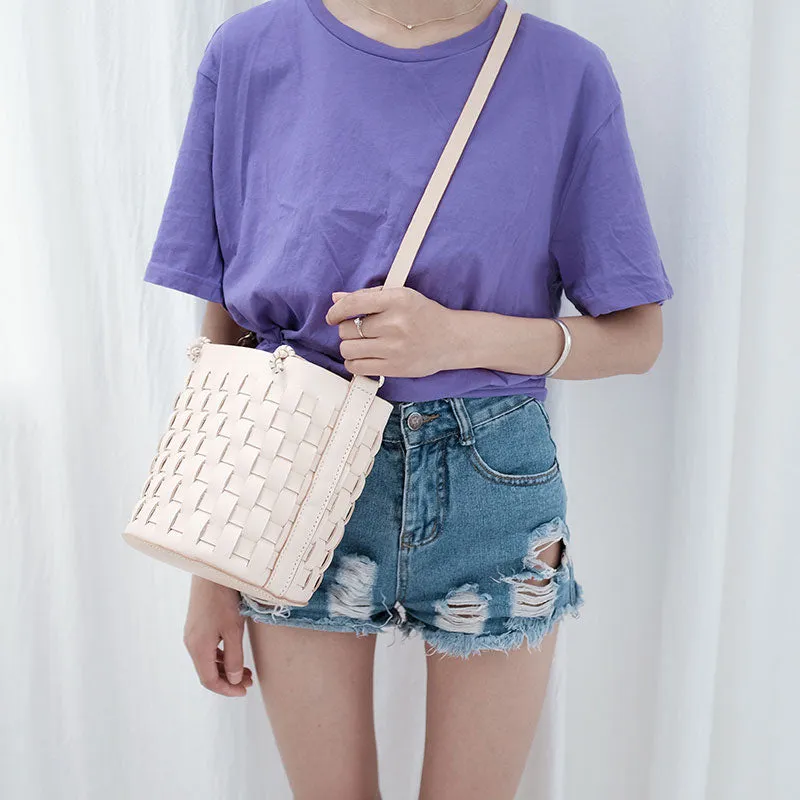 Handmade Leather Beige Braided Womens Handbag Crossbody Purse Shoulder Bag for Women