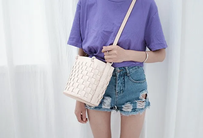 Handmade Leather Beige Braided Womens Handbag Crossbody Purse Shoulder Bag for Women