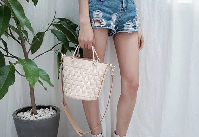 Handmade Leather Beige Braided Womens Handbag Crossbody Purse Shoulder Bag for Women