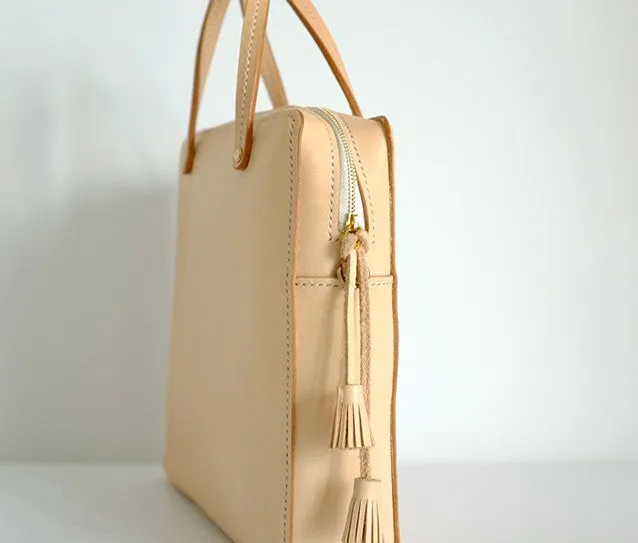 Handmade Leather Beige Womens Square Box Handbag Shoulder Bag Purse for Women
