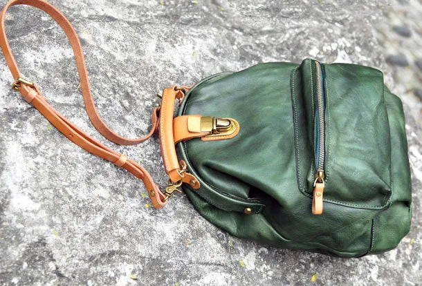 Handmade Leather cute backpack bag shoulder bag green women leather purse