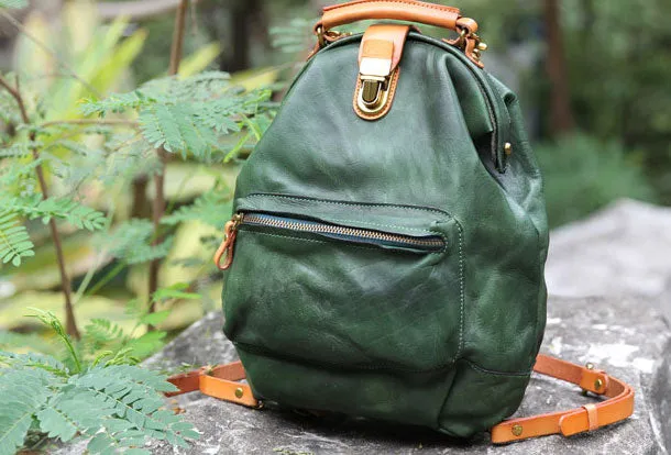 Handmade Leather cute backpack bag shoulder bag green women leather purse