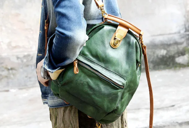 Handmade Leather cute backpack bag shoulder bag green women leather purse