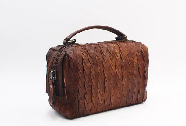 Handmade Leather Handbag Boston Bag Purse Crossbody Shoulder Bag for Women Lady