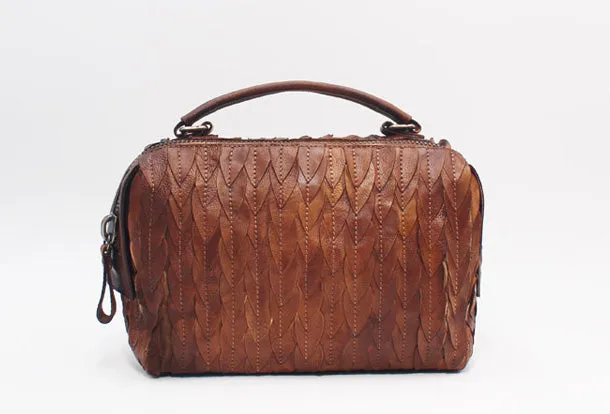 Handmade Leather Handbag Boston Bag Purse Crossbody Shoulder Bag for Women Lady