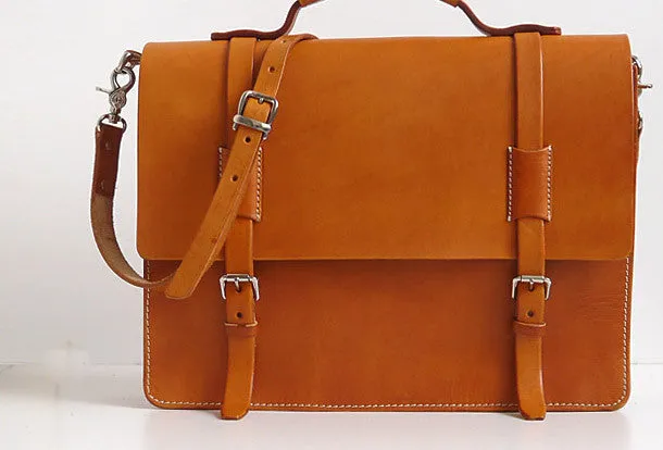 Handmade Leather messenger bag brief yellow brown for men women leather shoulder bag