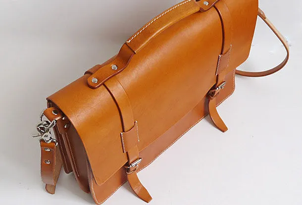 Handmade Leather messenger bag brief yellow brown for men women leather shoulder bag