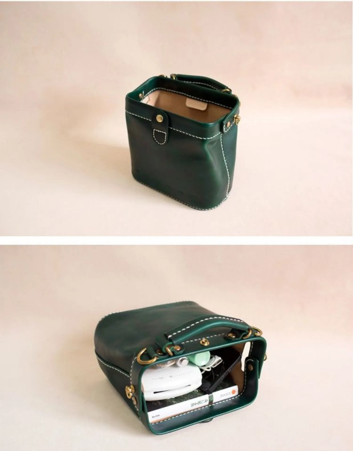 Handmade Womens Green Leather Mini doctor Handbag shoulder doctor bags for women