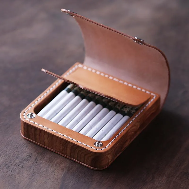 Handmade Wooden Beige Leather Mens 20pcs Cigarette Case Cool Custom Cigarette Holder for Men