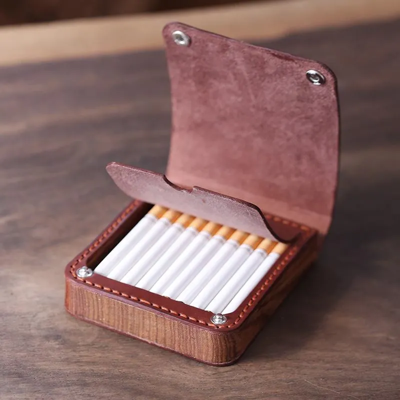 Handmade Wooden Beige Leather Mens 20pcs Cigarette Case Cool Custom Cigarette Holder for Men