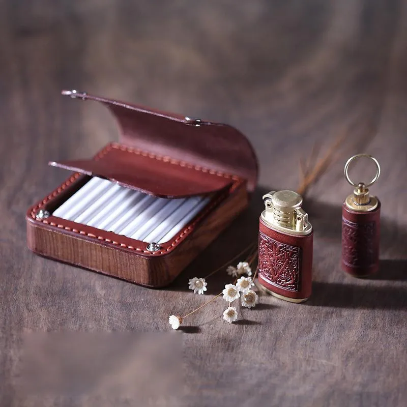 Handmade Wooden Beige Leather Mens 20pcs Cigarette Case Cool Custom Cigarette Holder for Men
