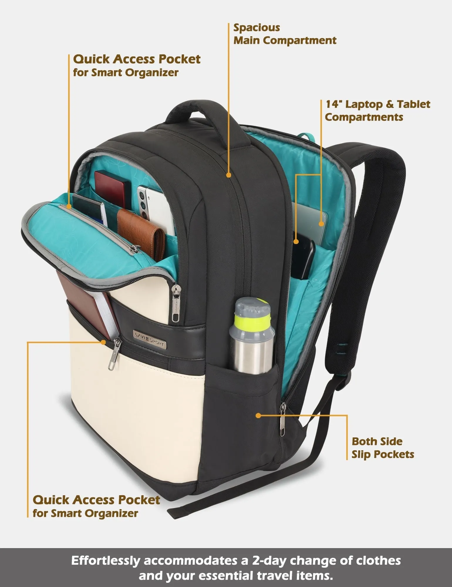 Lavie Sport Armour 24L Laptop Backpack with Trolley sleeve For Men & Women Black/Choco