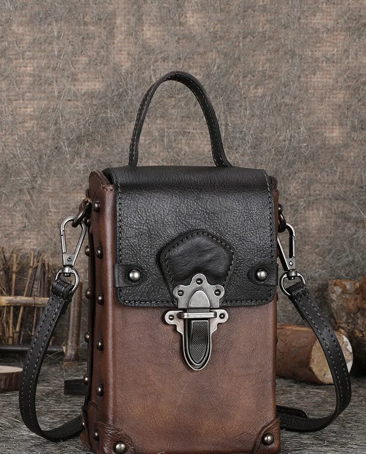 Leather Womens Small Box Shoulder Bag Cube Small Handmade Handbag Purse for Ladies