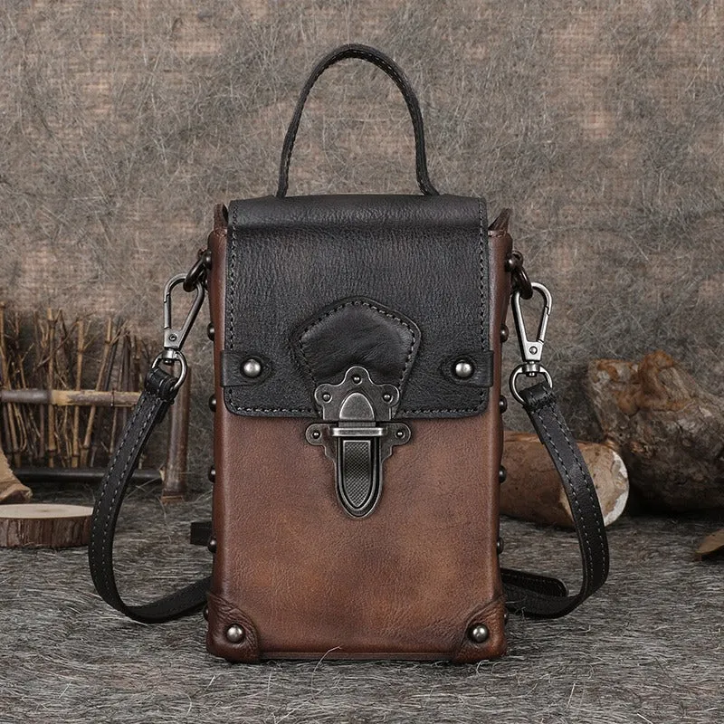 Leather Womens Small Box Shoulder Bag Cube Small Handmade Handbag Purse for Ladies