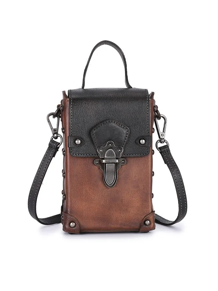Leather Womens Small Box Shoulder Bag Cube Small Handmade Handbag Purse for Ladies
