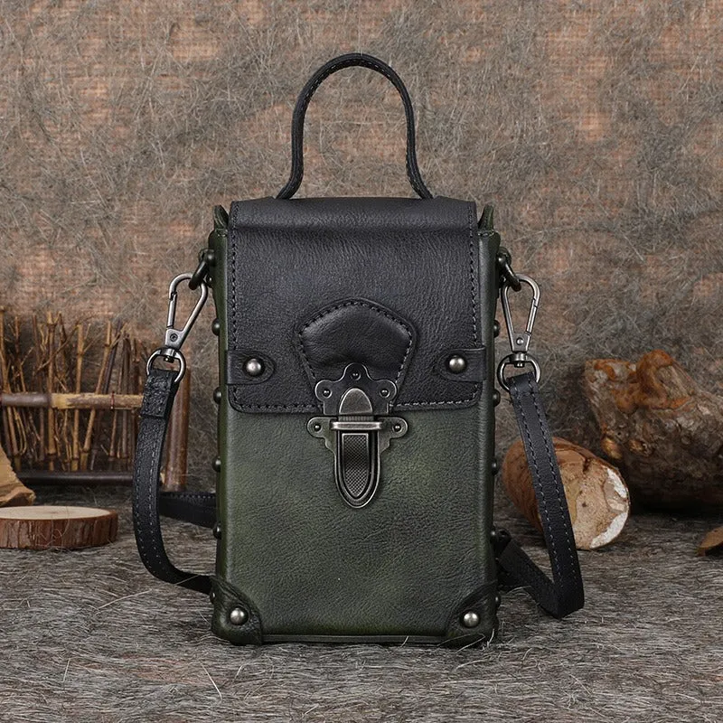 Leather Womens Small Box Shoulder Bag Cube Small Handmade Handbag Purse for Ladies