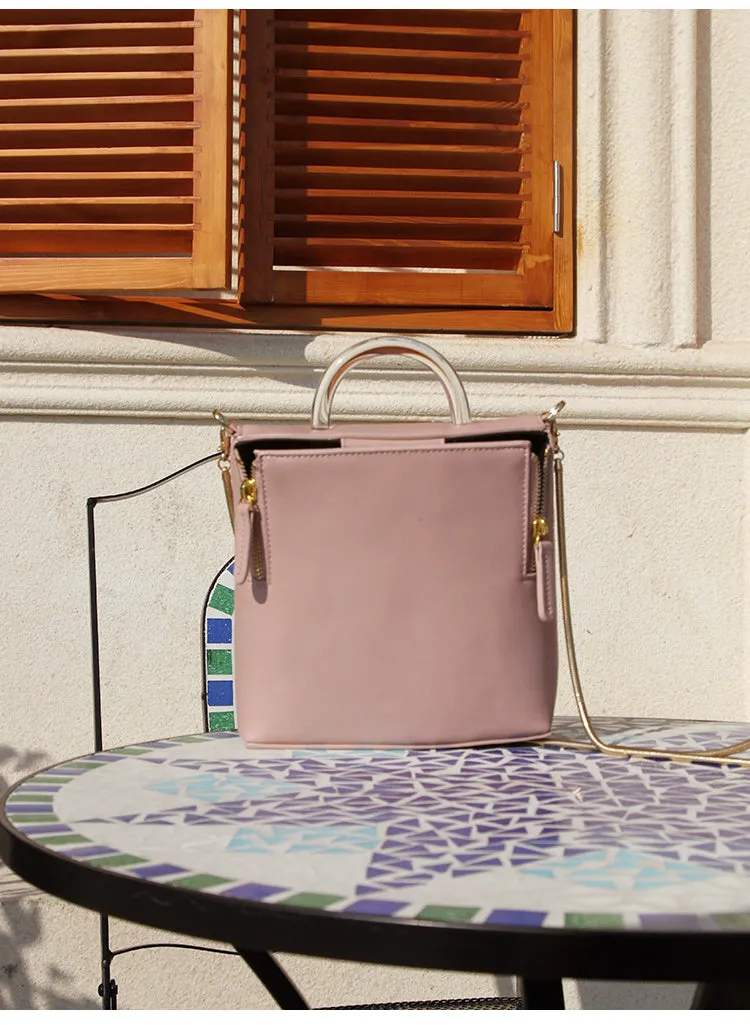 Pink Leather Women Cube Handbags Shoulder Bag Work Bag For Women