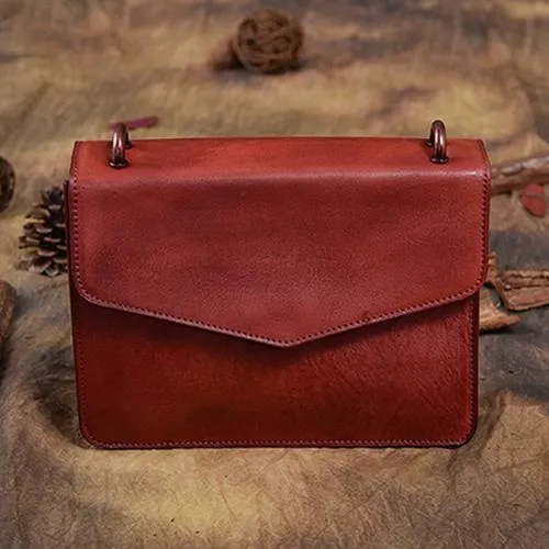 Red Vintage Leather Womens Chain Shoulder Bag Brown Side Bag Cross body Purse for Ladies