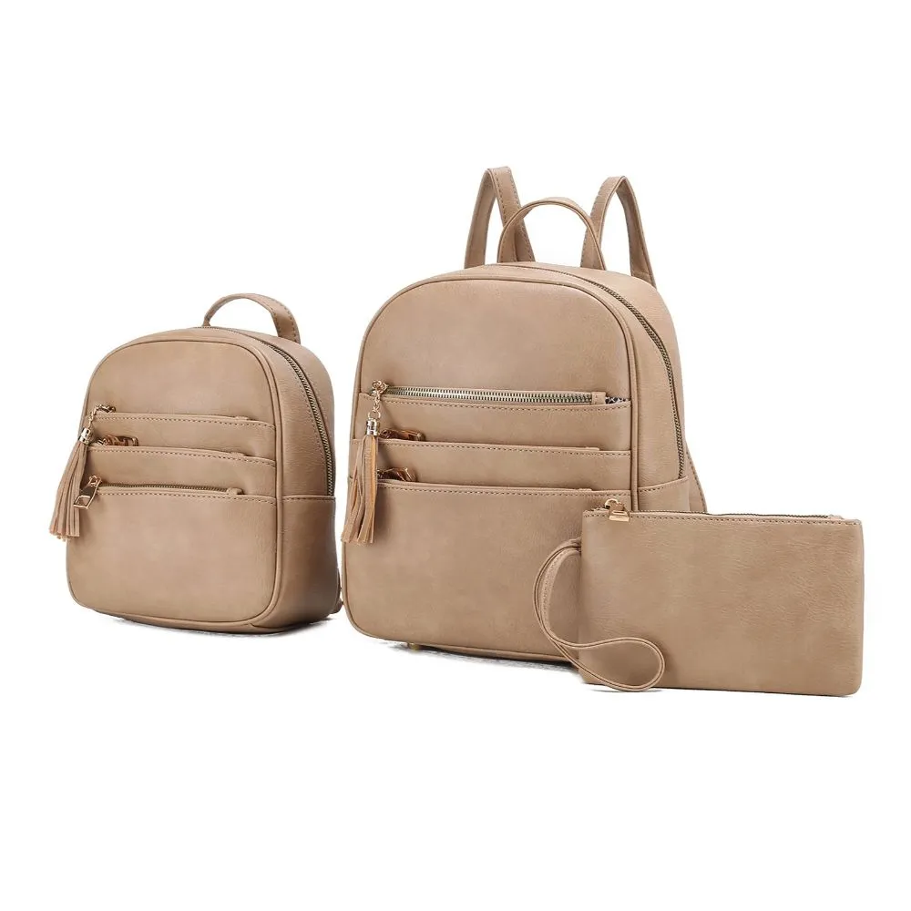 Roxane Vegan Leather Womens Backpack with Mini Backpack and Wristlet Pouch- 3 pieces