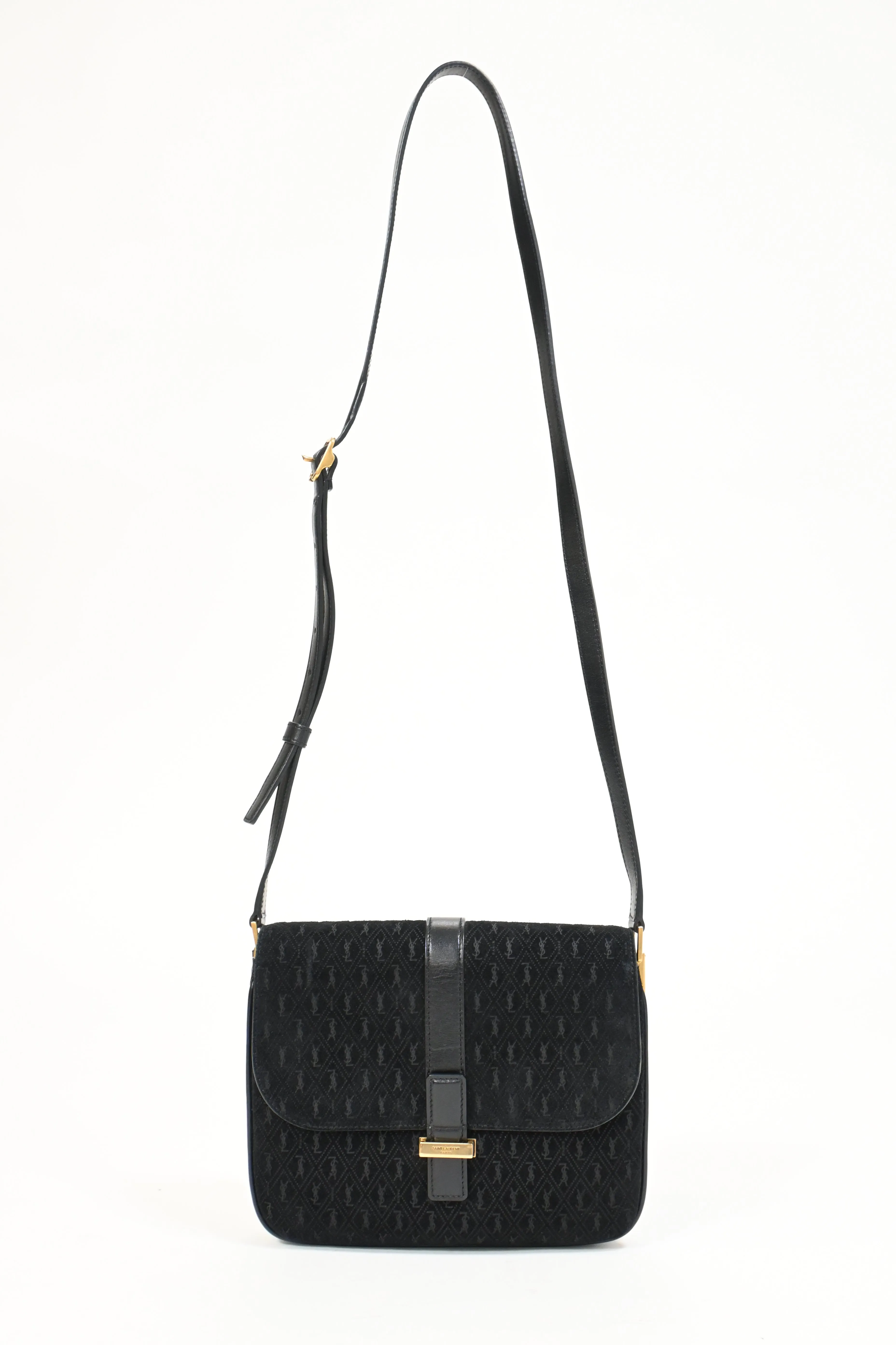 Saint Laurent Monogram All Over Small Satchel in Black Suede