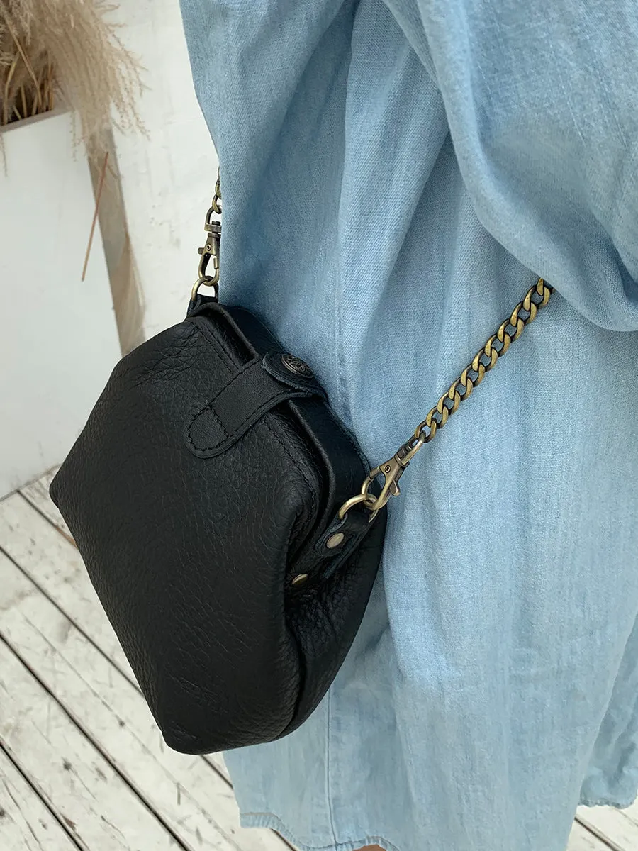 Small Womens Black Leather MIni doctor bag Chain shoulder doctor bag for women