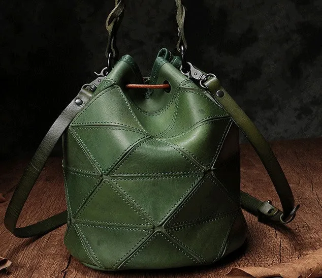 Stylish Leather Brown Bucket Handbag Shoulder Bag Green Barrel Purse For Women