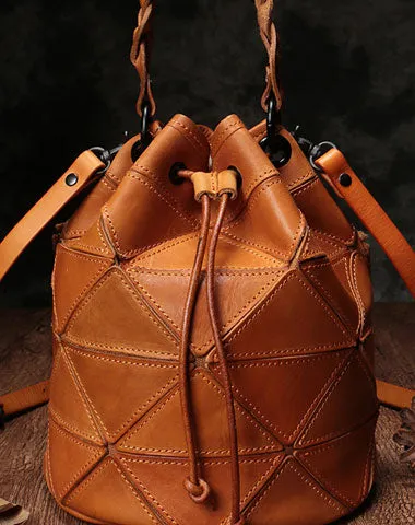 Stylish Leather Brown Bucket Handbag Shoulder Bag Green Barrel Purse For Women