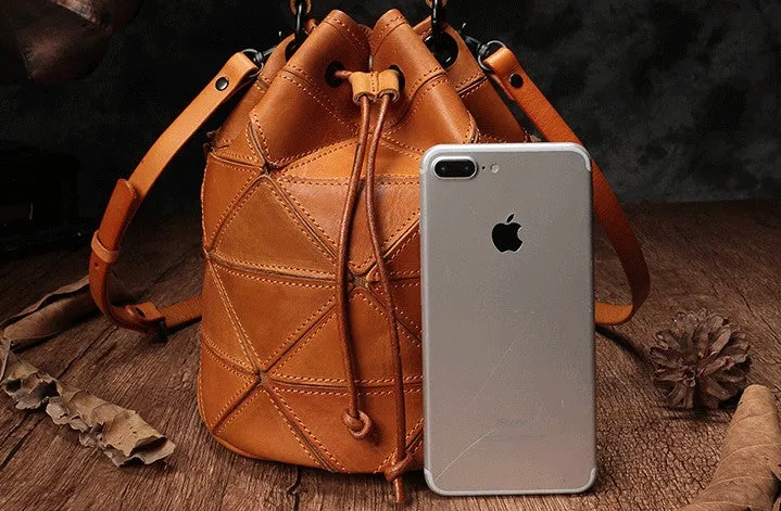 Stylish Leather Brown Bucket Handbag Shoulder Bag Green Barrel Purse For Women