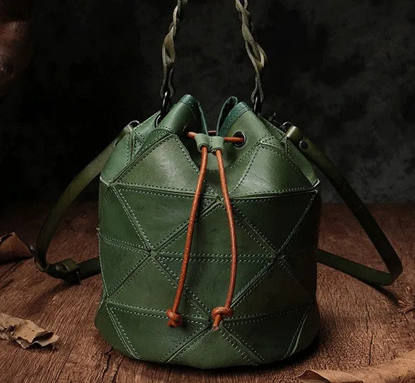 Stylish Leather Brown Bucket Handbag Shoulder Bag Green Barrel Purse For Women