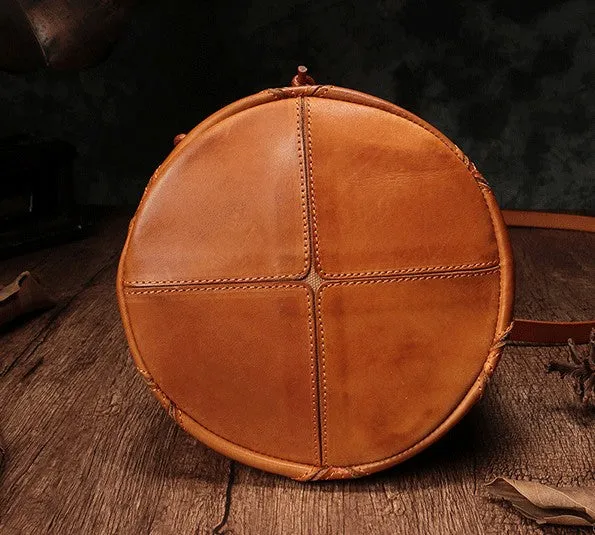 Stylish Leather Brown Bucket Handbag Shoulder Bag Green Barrel Purse For Women