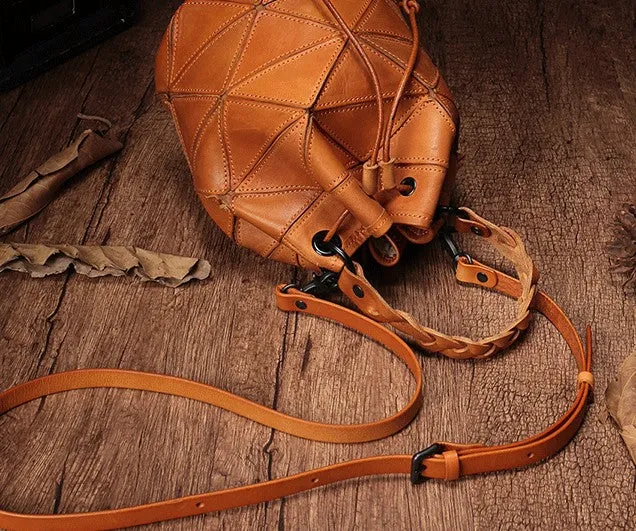 Stylish Leather Brown Bucket Handbag Shoulder Bag Green Barrel Purse For Women
