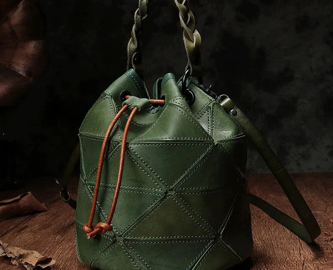 Stylish Leather Brown Bucket Handbag Shoulder Bag Green Barrel Purse For Women