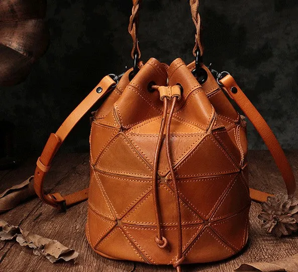 Stylish Leather Brown Bucket Handbag Shoulder Bag Green Barrel Purse For Women