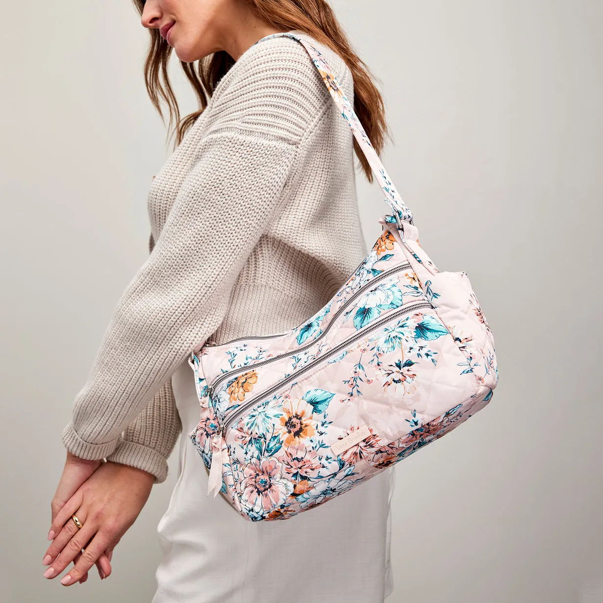 Triple Zip Shoulder Bag - Peach Blossom Bouquet