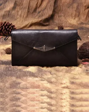 Vintage Black Leather Wallet Womens Clutch Wallet With Strap Purse Green Shoulder Bag