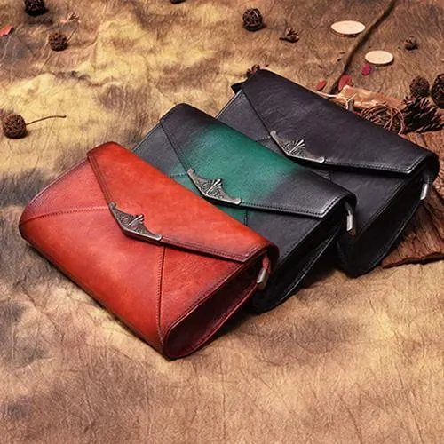 Vintage Black Leather Wallet Womens Clutch Wallet With Strap Purse Green Shoulder Bag