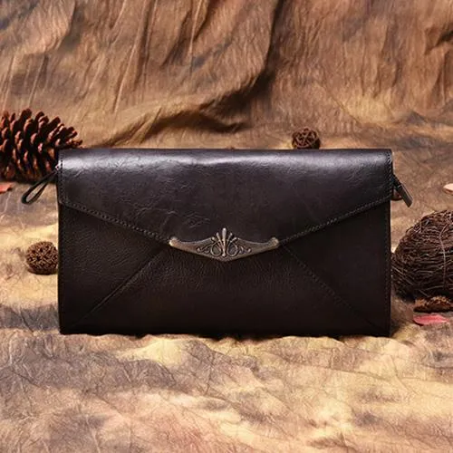Vintage Black Leather Wallet Womens Clutch Wallet With Strap Purse Green Shoulder Bag
