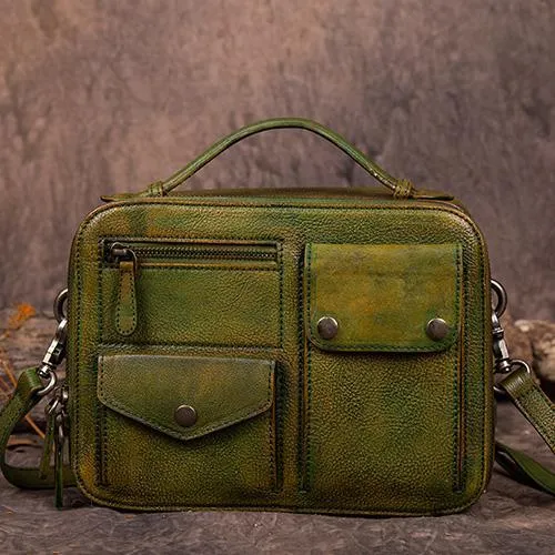 Vintage Brown Womens Leather Satchel Handbag Green Leather Side Shoulder Bag for Ladies