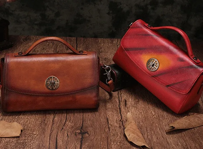 Vintage Handmade Leather Red Womens Handbag Shoulder Bag Red Purse For Women