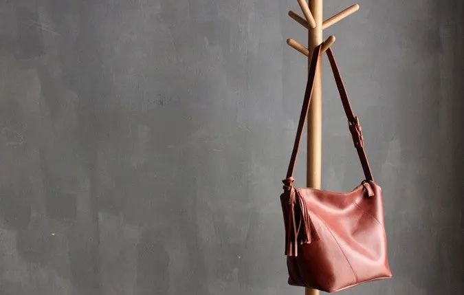 Vintage LEATHER WOMEN Bucket Bag SHOULDER BAG Purse with Tassel FOR WOMEN