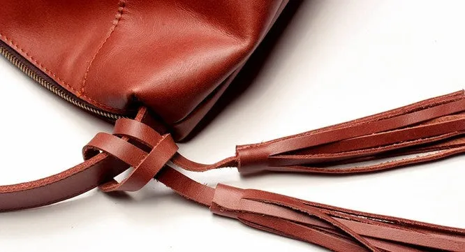 Vintage LEATHER WOMEN Bucket Bag SHOULDER BAG Purse with Tassel FOR WOMEN