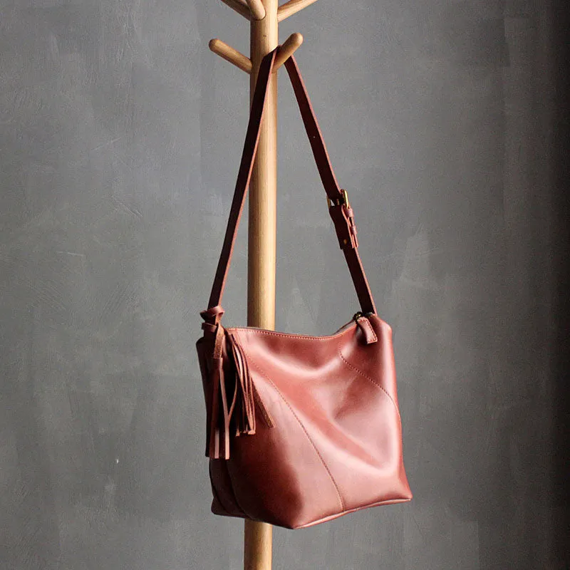 Vintage LEATHER WOMEN Bucket Bag SHOULDER BAG Purse with Tassel FOR WOMEN