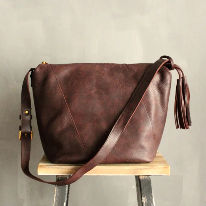 Vintage LEATHER WOMEN Bucket Bag SHOULDER BAG Purse with Tassel FOR WOMEN