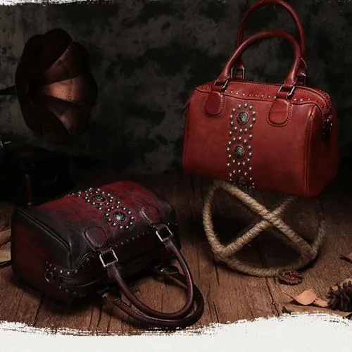 Vintage Red Ladies Leather Rivet Boston Handbag Purse Brown Shoulder Handbag for Women