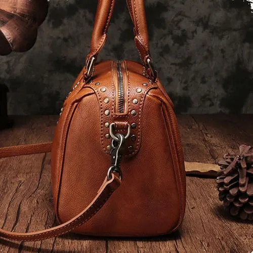 Vintage Red Ladies Leather Rivet Boston Handbag Purse Brown Shoulder Handbag for Women
