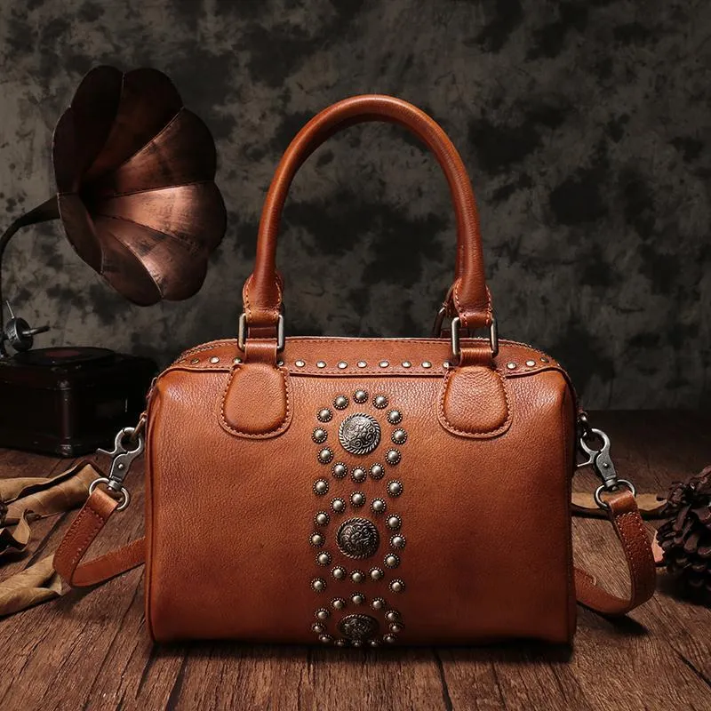 Vintage Red Ladies Leather Rivet Boston Handbag Purse Brown Shoulder Handbag for Women