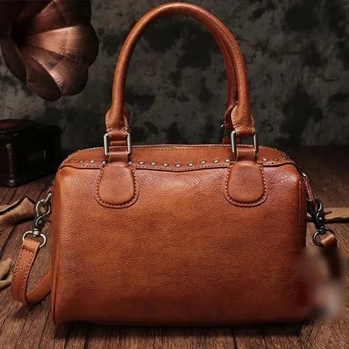Vintage Red Ladies Leather Rivet Boston Handbag Purse Brown Shoulder Handbag for Women