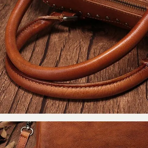 Vintage Red Ladies Leather Rivet Boston Handbag Purse Brown Shoulder Handbag for Women