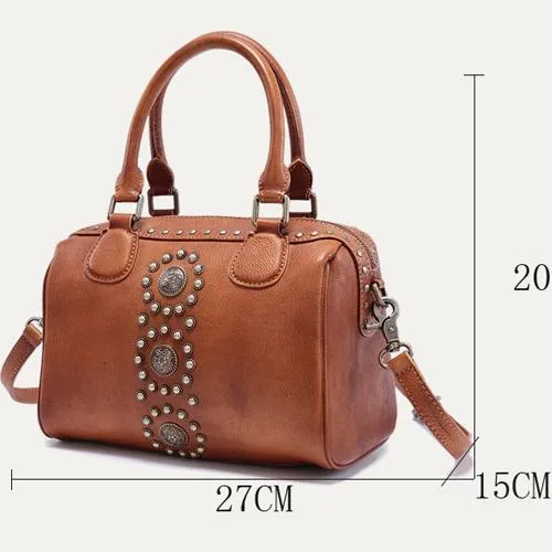 Vintage Red Ladies Leather Rivet Boston Handbag Purse Brown Shoulder Handbag for Women