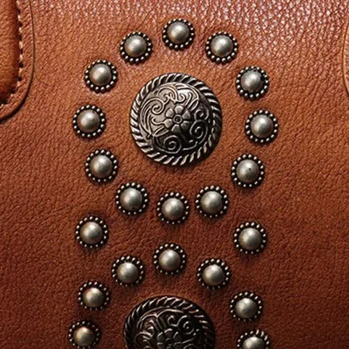 Vintage Red Ladies Leather Rivet Boston Handbag Purse Brown Shoulder Handbag for Women